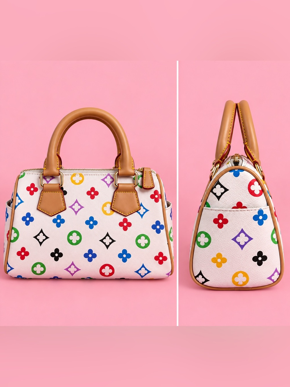 Y2K White Multicolor Monogram Satchel with Tan Handles